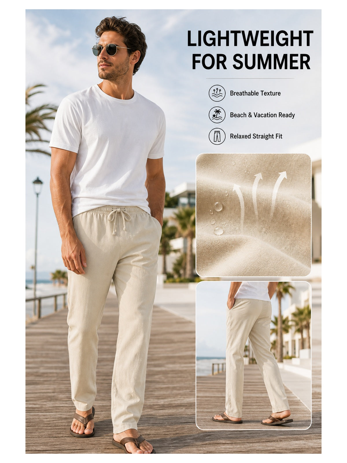 Men's Drawstring Linen Beach Pants 8-Pack All Color Set - Lightweight Summer Casual Trousers