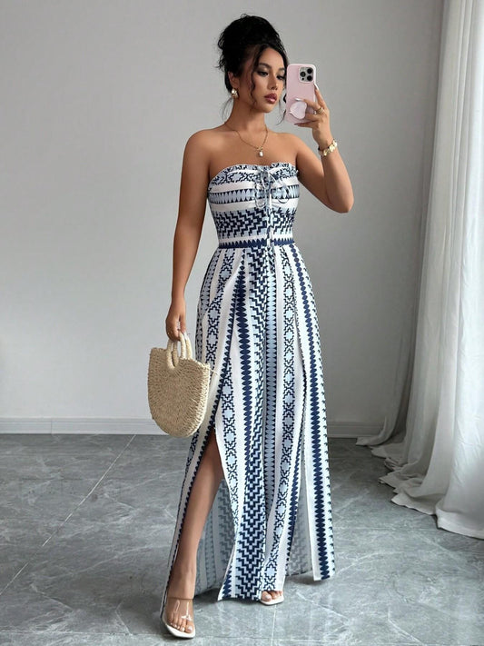👗💙Geometrische Jumpsuit met halterhals & zijsplit – Perfect voor strand, kantoor & avond🔥✨
