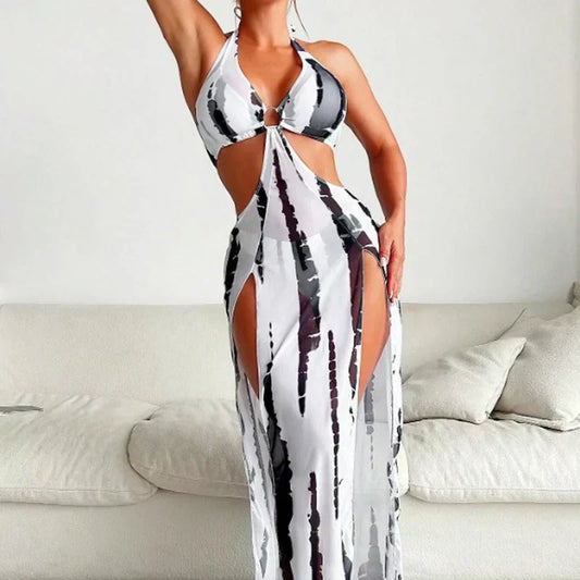 👙 50% OFF! ✨ Striped Two-Piece Swimsuit – Halter Neck Tie, Ring Detail, High Stretch 🌊