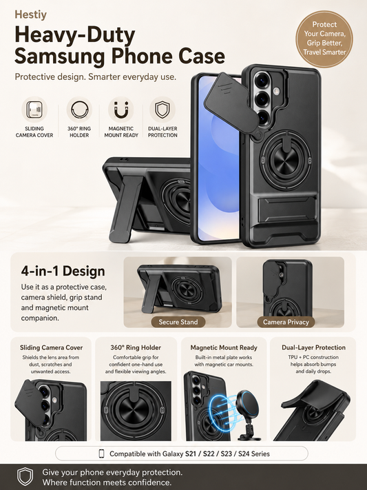 📢📢50% OFF !! ⏰Samsung Phone Cases-Heavy-Duty Case with Camera Cover & Ring Stand