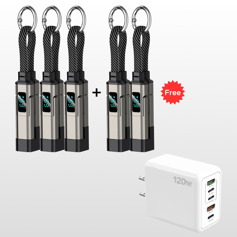 π 4-in-1 Oplaadkabel met Digitaal Display & Sleutelhanger β Snelladen, Knikbestendig & Compact