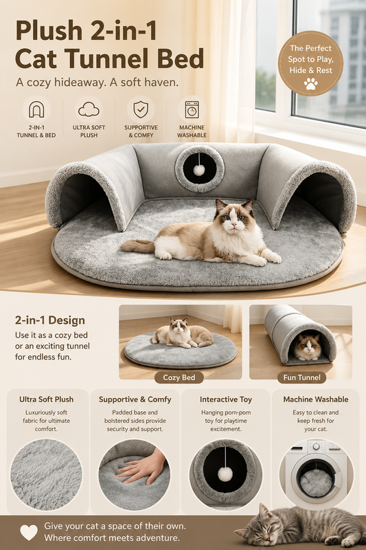 🐱 53% OFF NOW! 🛏️ Plush 2-in-1 Cat Tunnel Bed – Collapsible, scratch-resistant & cozy – combines hideaway tunnel with soft sleeping pad – perfect for play, rest & pouncing 🐾
