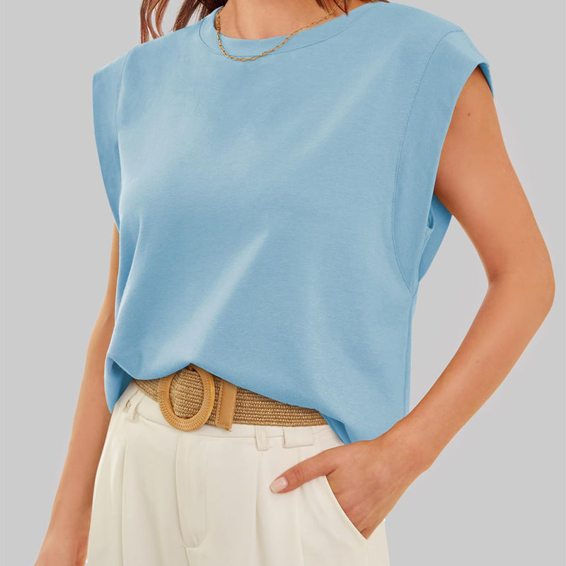 💖Limited Sale 50% OFF💖Solid Color Round Neck Cap Sleeve Top