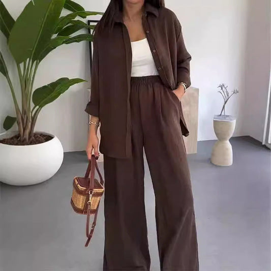 ⏳Limited-time 50% off⏰Womens Fashion Solid Color Loose Shirt Casual Wide Leg Trousers (2 Piece Set)👚👖