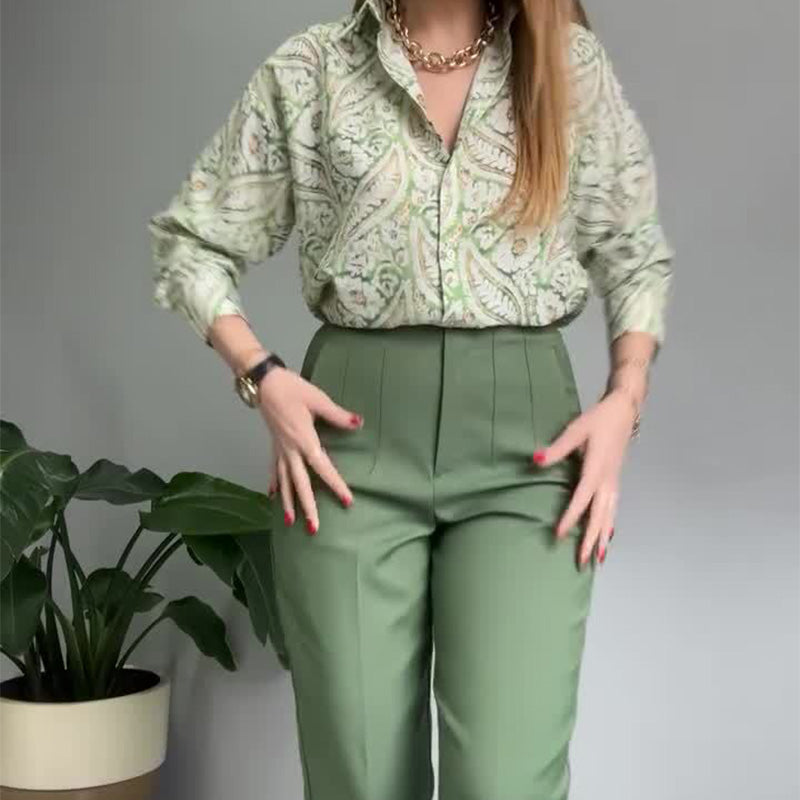 π Women's Printed Button-Up Shirt & Pants (High-end Fabric 2-Piece Set)