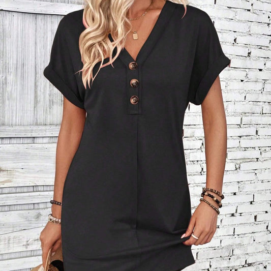 ๐๐ข๐ข50% OFF !! โกBuy 2 get 5%+ Free Shippingโ๏ธ โฐWomen's Fashion V-Neck Button Dress โ Timeless Solid Colors, Soft Fabric & Rolled Sleeves ๐ธ