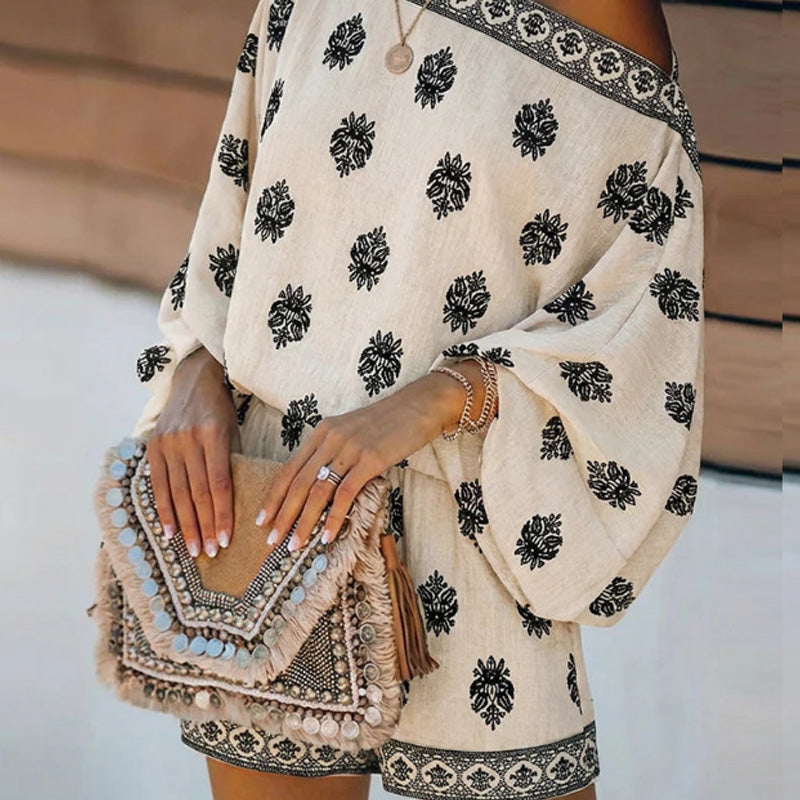 π΄58% OFF NOW!π Bohemian Off-Shoulder Jumpsuit Set β Vintage Print & Pockets β Relaxed Vacation Romper πΈ