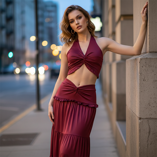 π NU 50% KORTING! π Nieuwe collectie 2026 β Halternek-set van twee delen β Crop top & zwierige maxi-rok β Moeiteloos elegant β¨