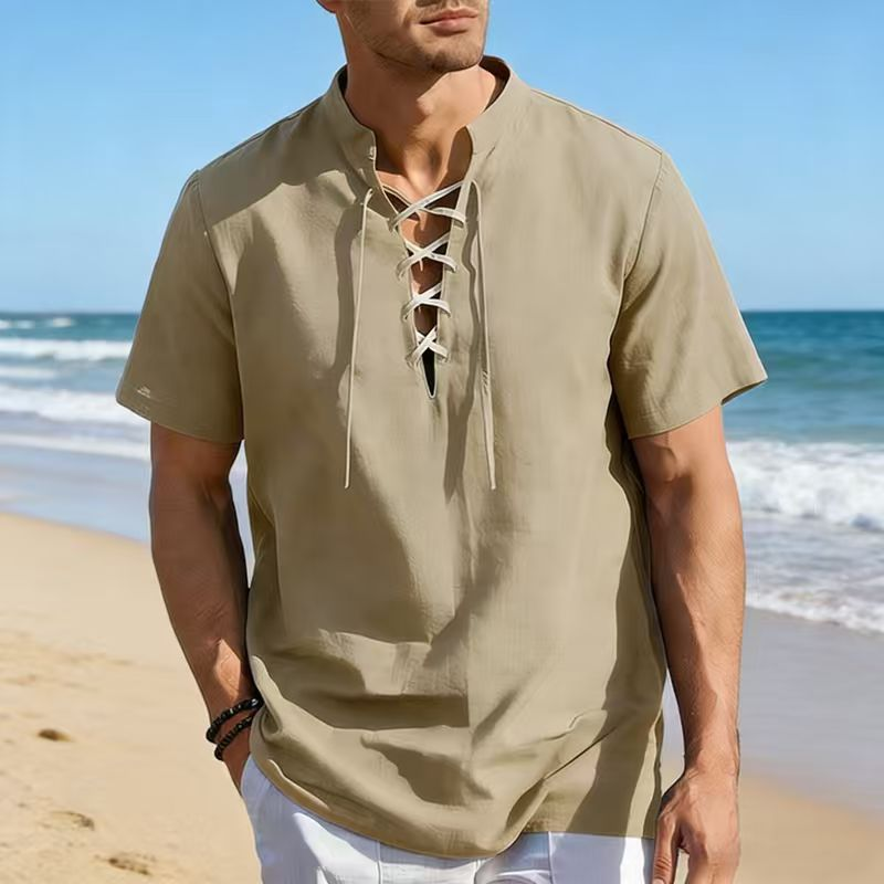๐ 50% OFF NOW! ๐๏ธ Menโs Casual Lace-Up Short Sleeve Shirt โ Breathable Linen Blend โ๏ธ