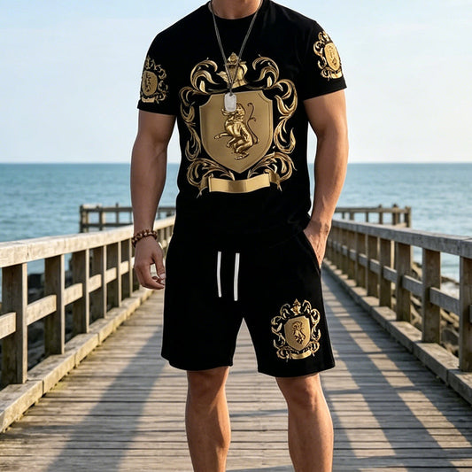 ๐ค๐๐ฉณ 50% OFF Menโs Gold Crest T-Shirt & Shorts Setโจ โ Luxury Print, Breathable Comfort & Instant Summer Style