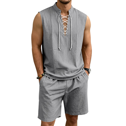 🧵 50% OFF! ✨ Men's Linen Sleeveless Set – Top & Shorts, Lace-Up, 7 Colors ☀️