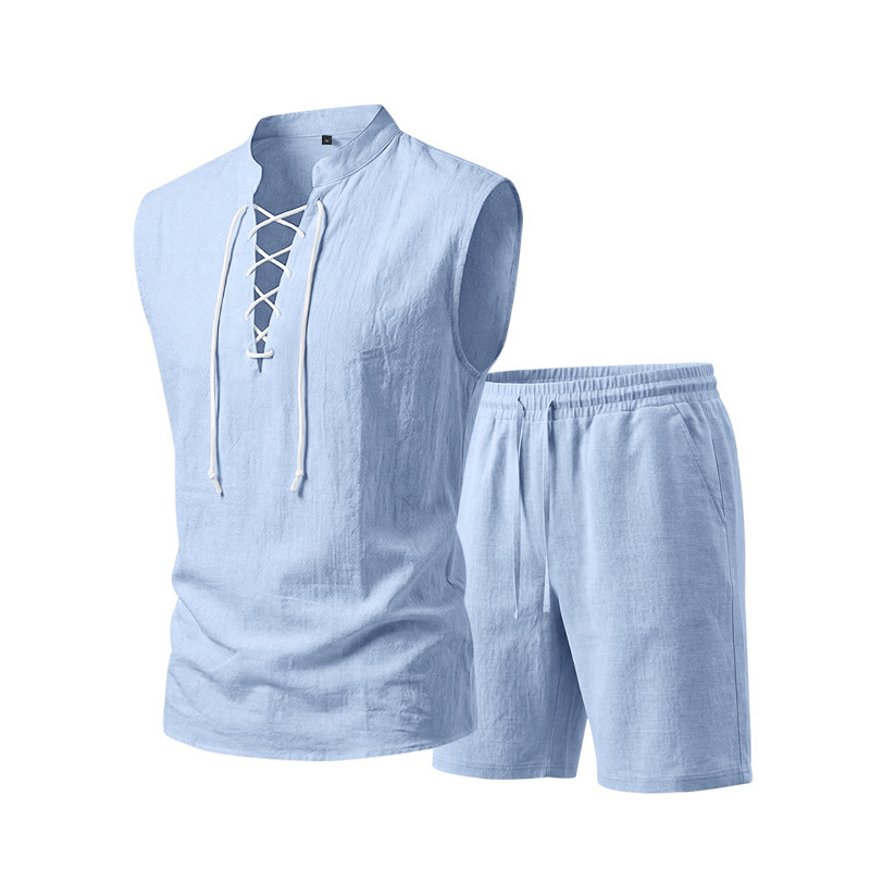 π§΅ LIMITED-TIME 53% OFF! β¨ Men's Linen Sleeveless Set β Top & Shorts, Lace-Up, 7 Colors βοΈ