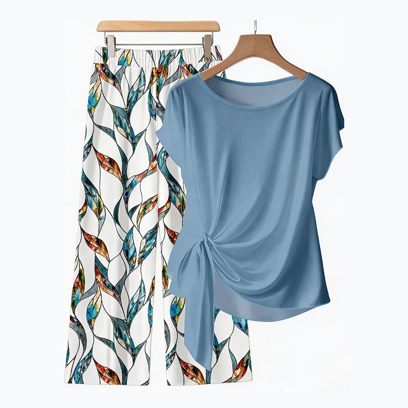 π Dames Zijknoop Top & Geprint Broek Set β Elegant Lounge 2-delig | Lichtblauw & Lichtgroen | S-5XL