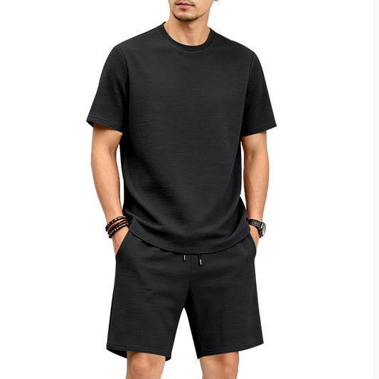 🔥LIMITED TIME 50% OFF!🔥 👕🩳 Men’s Solid Color Short Sleeve Crewneck Outfit – Textured 2-Piece Summer Set✨