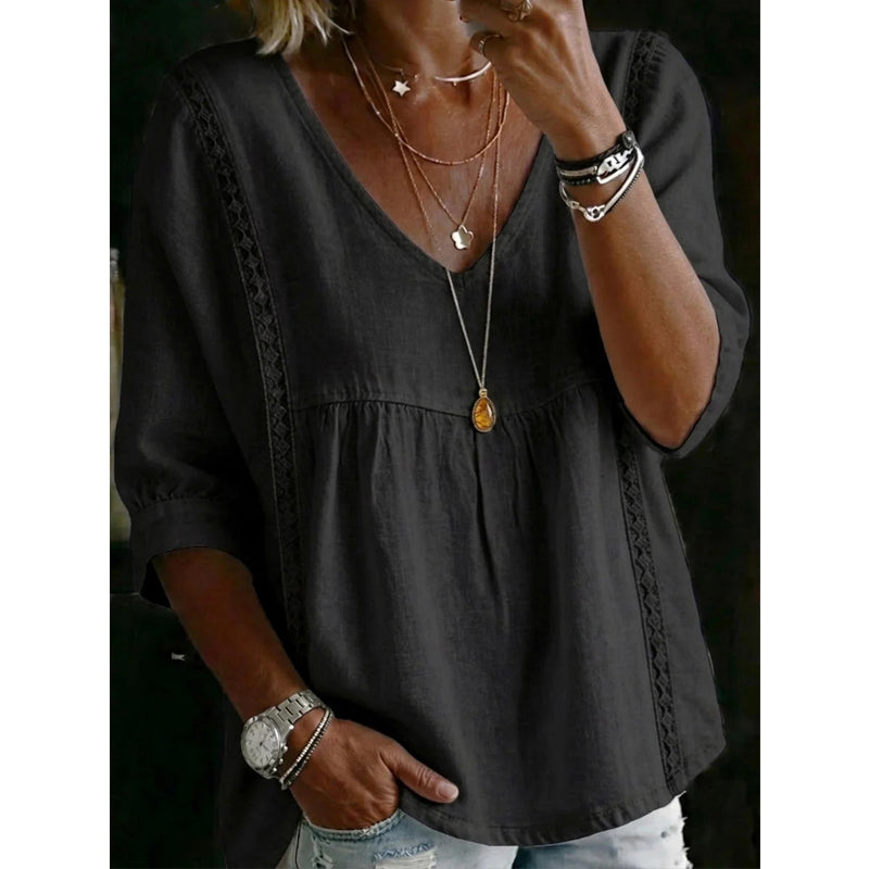 🌼 FLASH SALE 50% OFF! Women’s Casual V-Neck Lace Trim Top – Romantic Lace, Flowy Fit & 3/4 Sleeve Elegance 💕