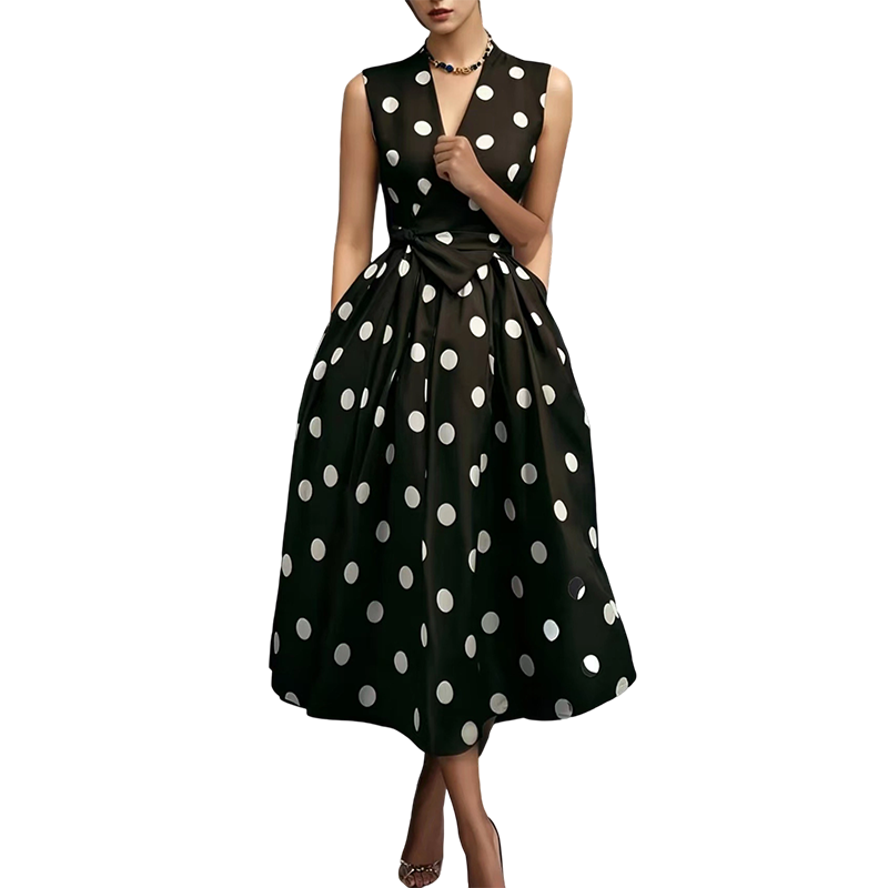 π LIMITED-TIME 50% OFF! π₯ Women's Polka Dot Sleeveless V-Neck Dress β Classic Print, Adjustable Tie, Versatile β¨