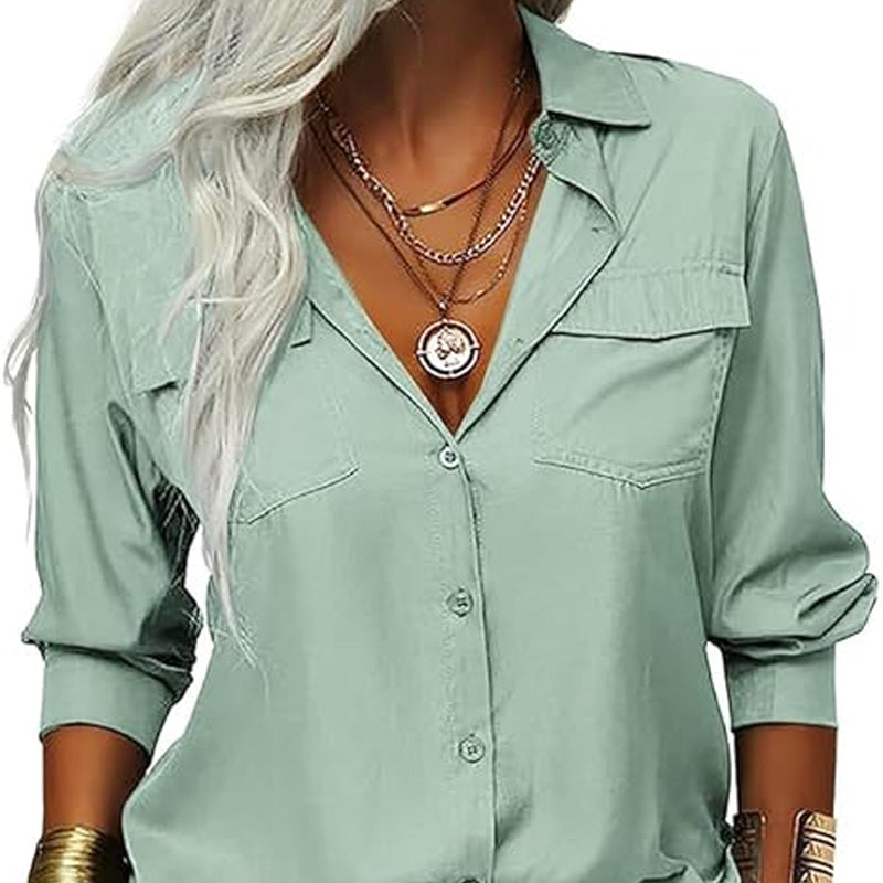 📢📢50% OFF !! ⏰Women's Solid Lapel Long Sleeves Button-Down Shirt