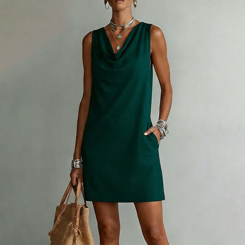 🏆LAST DAY SALE 50% OFF🔥⏰ Elegant Slim Fit Cowl Neck Dress – Sleeveless, Side Pockets, Versatile ✨