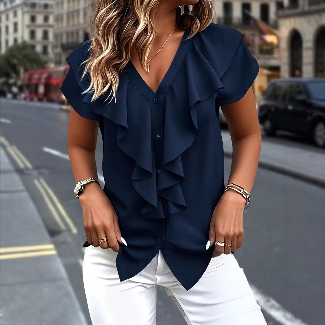 🔥New Arrivals 50% off! 👕Best Sellers-Elegant Ruffle V-Neck Blouse