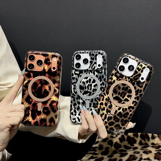 Magnetic Leopard Print Phone Case for iPhone 13 to 17 Series, Shockproof TPU PC Cover with Wireless Charging Support and Non Slip Grip 🐆📱✨