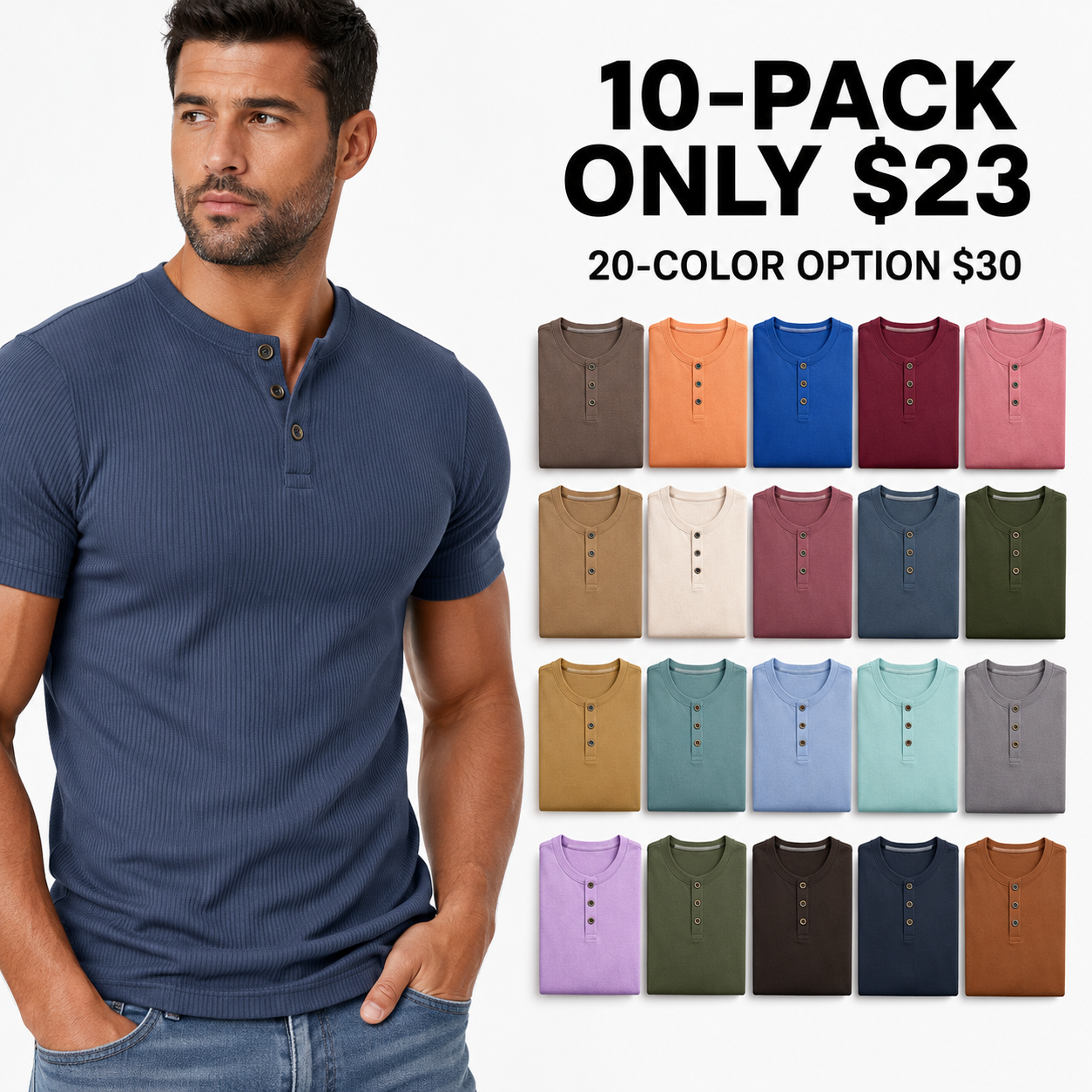 Men's Ribbed Knit Short Sleeve Henley Shirts Mixed Pack Set - Half Button Tees