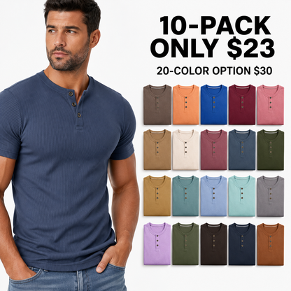 Men's Ribbed Knit Short Sleeve Henley Shirts Mixed Pack Set - Half Button Tees