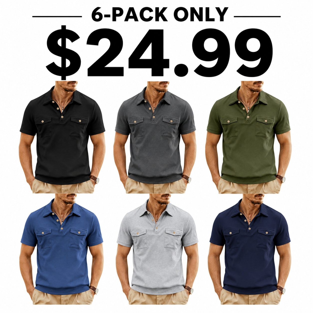 Men's Short Sleeve Utility Polo Shirts 6-Pack Mixed Color Set - Double Pocket Casual Work Polo