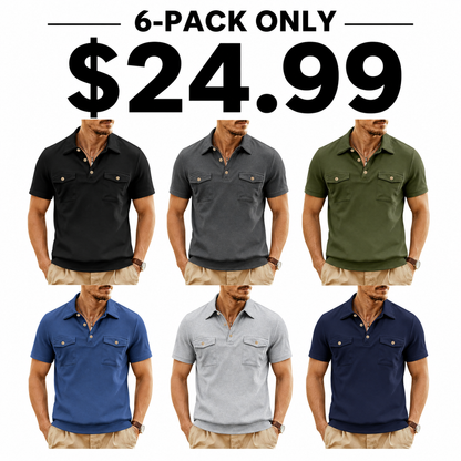 Men's Short Sleeve Utility Polo Shirts 6-Pack Mixed Color Set - Double Pocket Casual Work Polo