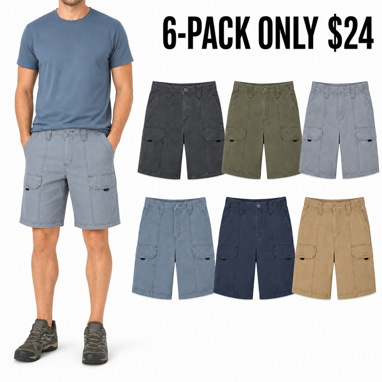 Men's Canvas Utility Hiker Shorts 6-Pack Mixed Color Set - 8-Inch Cotton Cargo Shorts