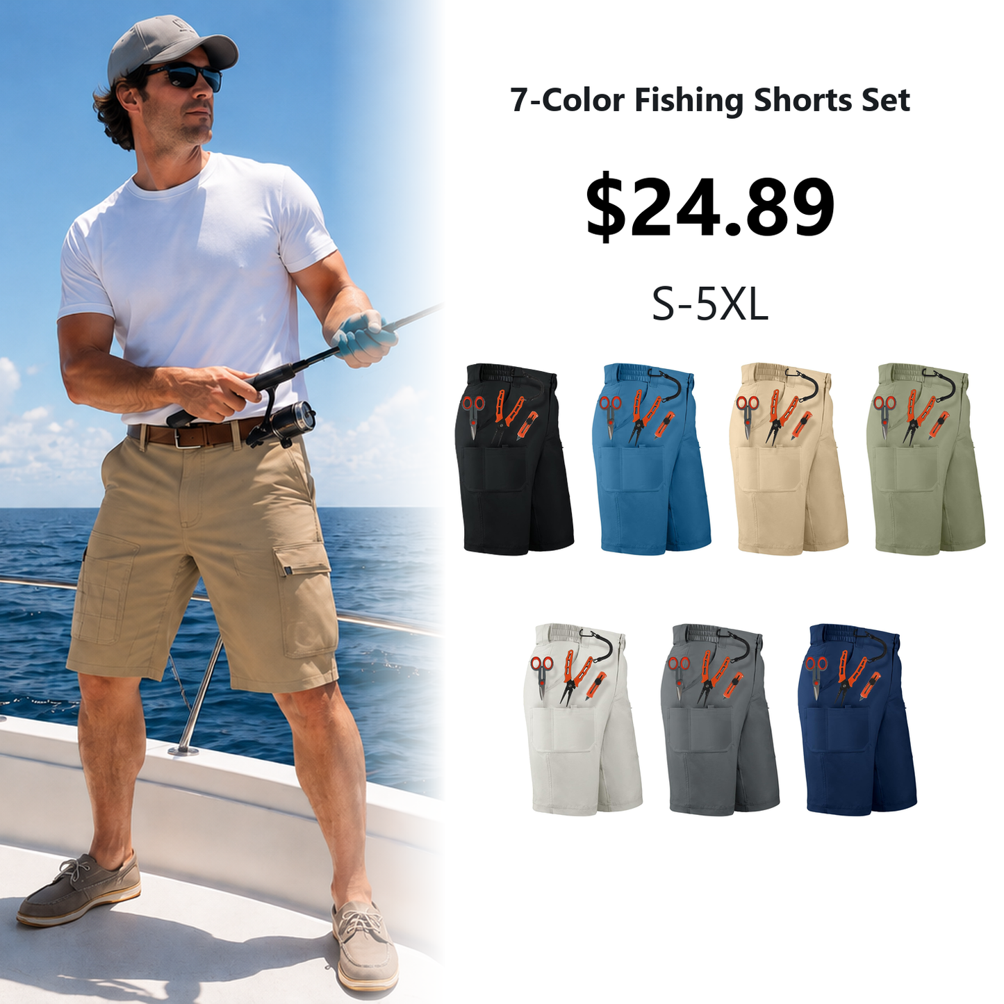Men's Quick-Dry Fishing Cargo Shorts 7-Pack - 7-Pocket Water-Repellent Outdoor Shorts