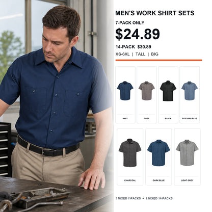 Men's Short Sleeve Industrial Work Shirts 7-Pack & 14-Pack Set - Stain Resistant Button Down Utility Shirts