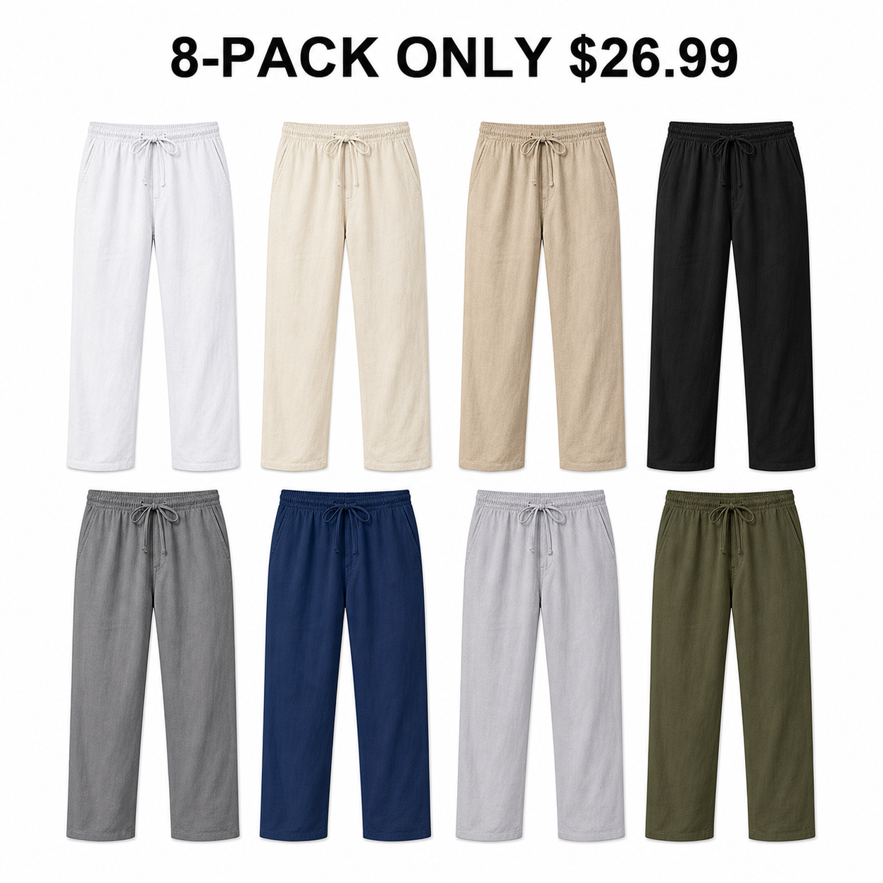 Men's Drawstring Linen Beach Pants 8-Pack All Color Set - Lightweight Summer Casual Trousers