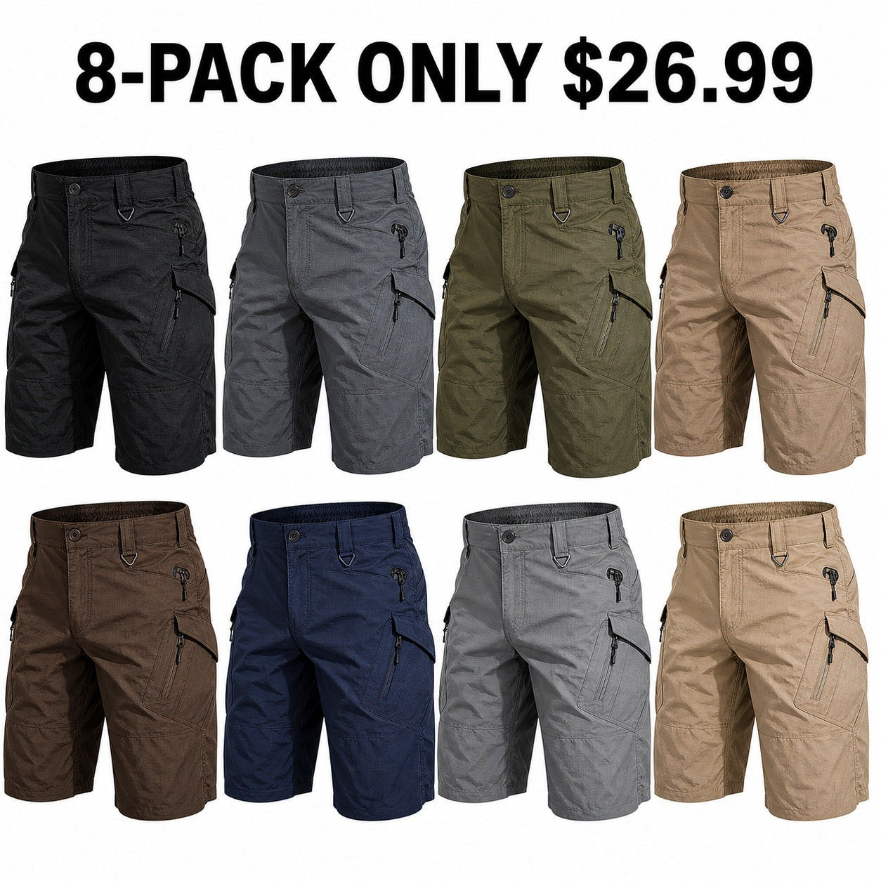 Men's Water-Repellent Hiking Tactical Cargo Shorts 8-Pack All Color Set - Quick Dry Multi-Pocket Work Shorts