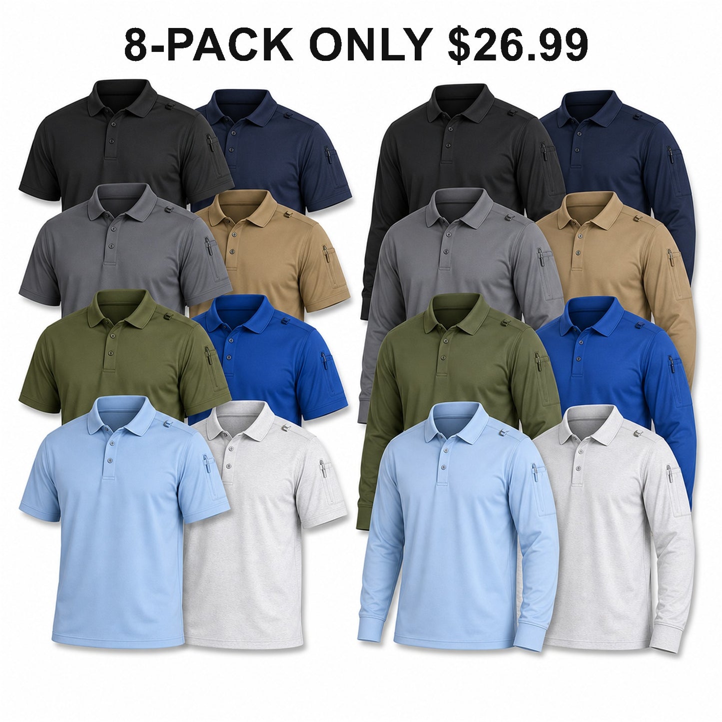 Men's Tactical Performance Polo Shirts 8-Pack Mixed Color Set - Moisture-Wicking Work & Outdoor Shirts