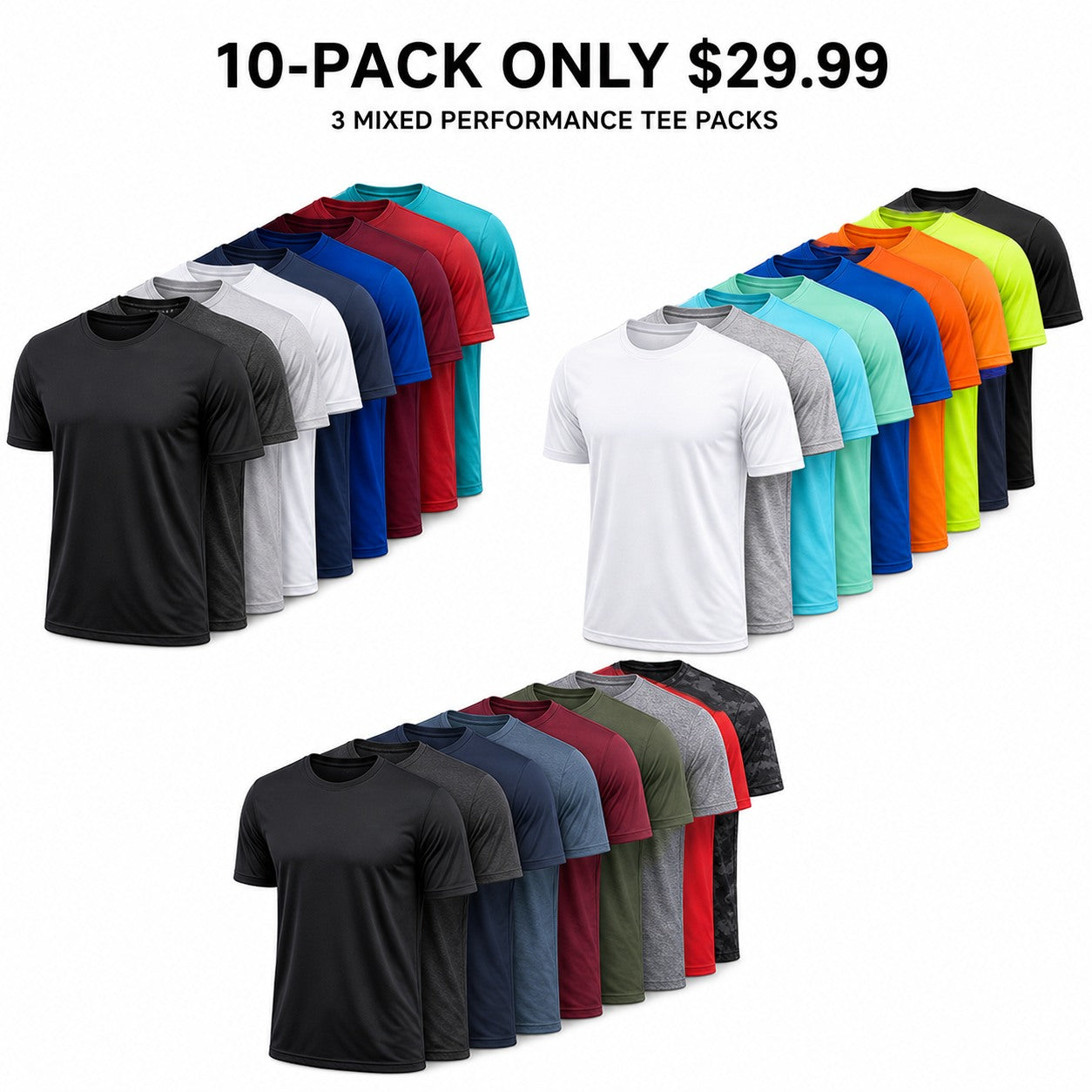 Men's Dry-Fit Athletic Crew Neck T-Shirts 10-Pack Mixed Color Set - Quick Dry Workout Tees