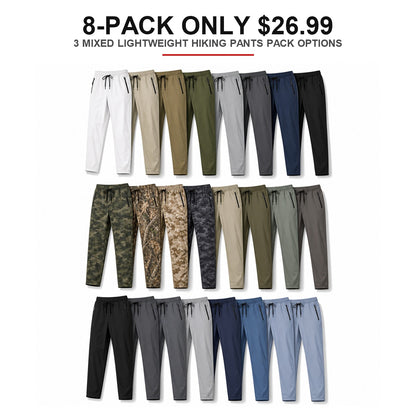 Men's Lightweight Hiking Jogger Pants 8-Pack Mixed Color Set - Quick Dry Elastic Waist Travel Pants