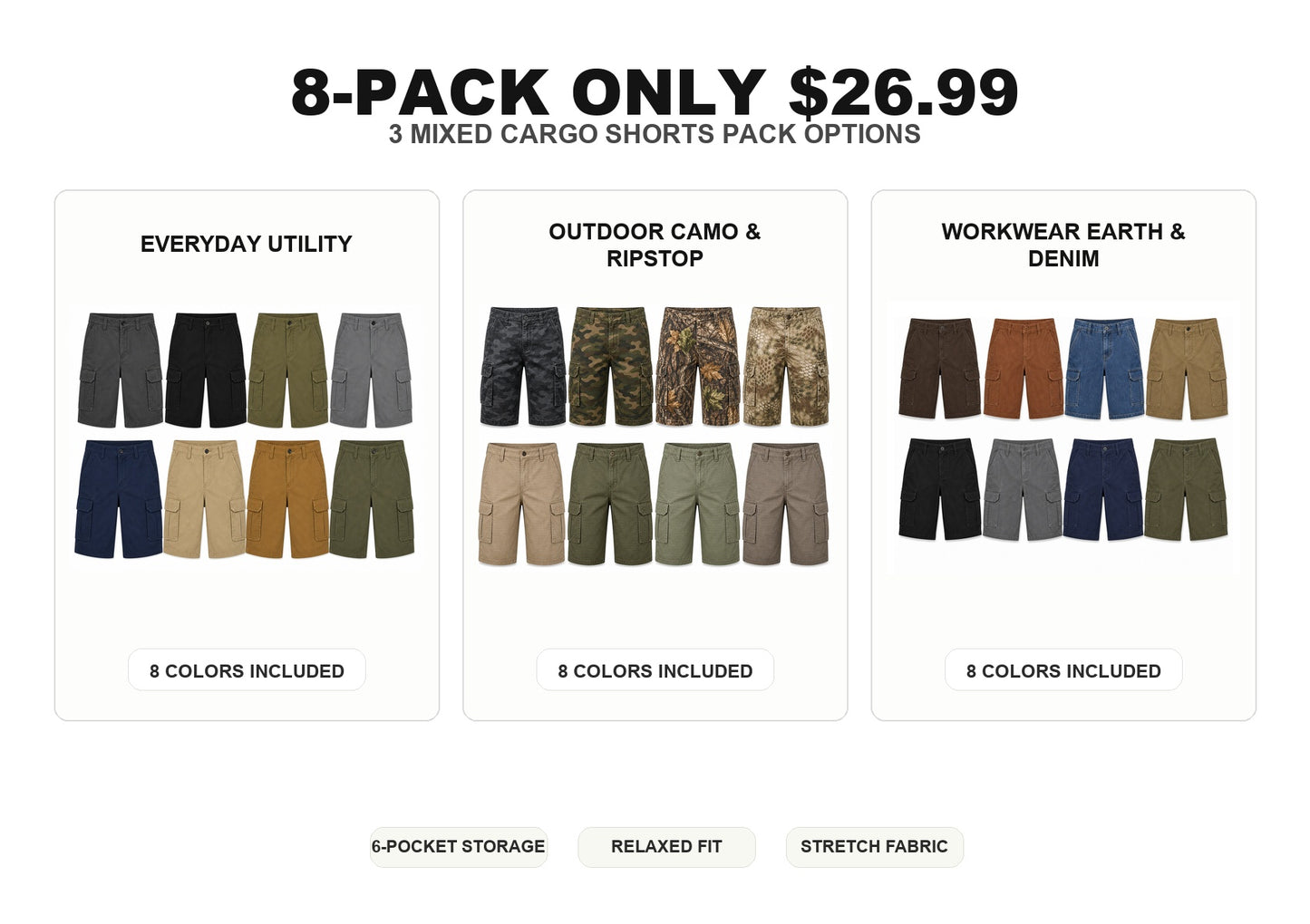 Men's Classic Cargo Stretch Shorts 8-Pack Mixed Color Set - 6-Pocket Utility Shorts