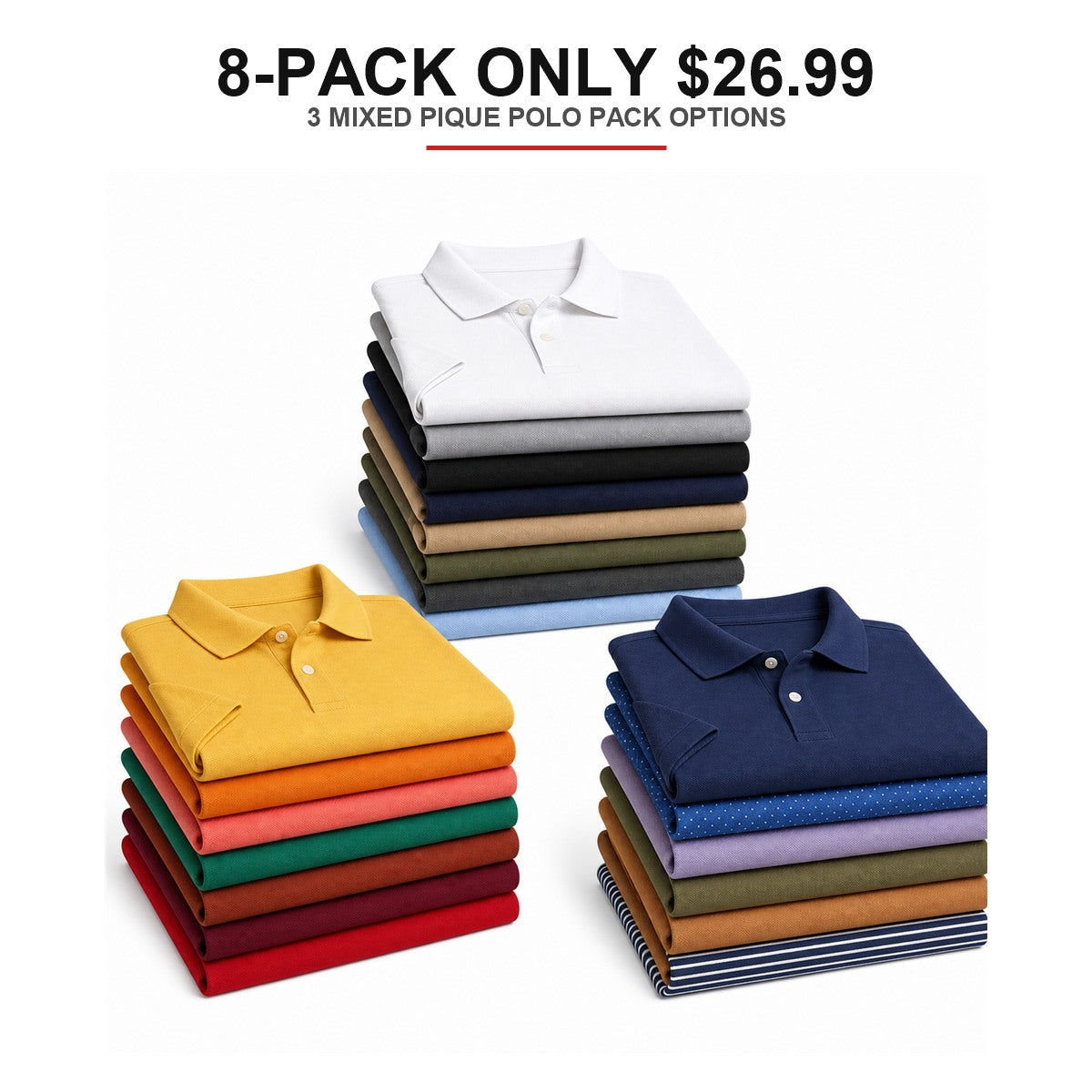 Men's Regular-Fit Cotton Pique Polo Shirts 8-Pack Mixed Color Set - Short Sleeve Big & Tall