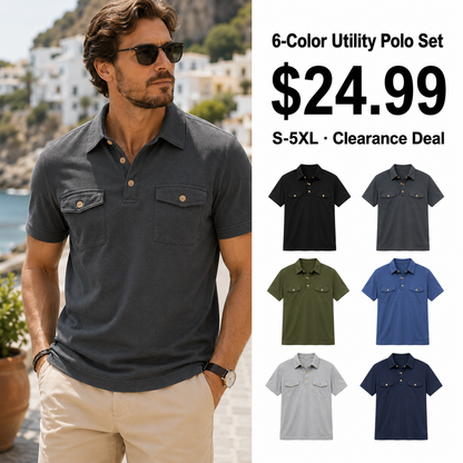 Men's Short Sleeve Utility Polo Shirts 6-Pack Mixed Color Set - Double Pocket Casual Work Polo