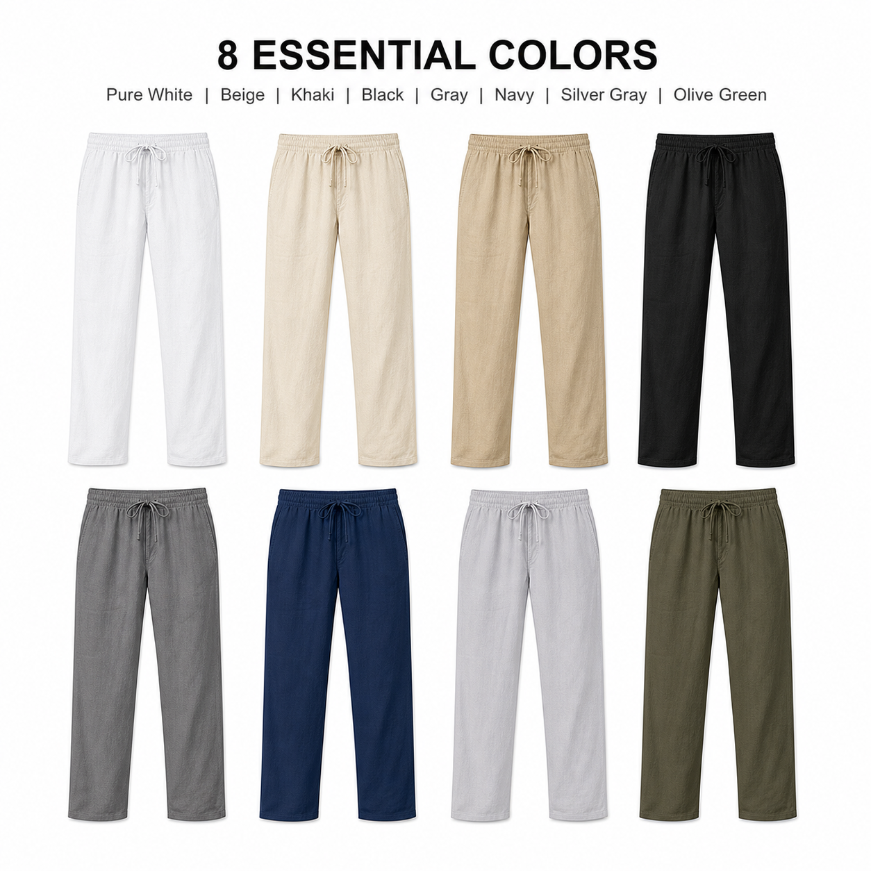 Men's Drawstring Linen Beach Pants 8-Pack All Color Set - Lightweight Summer Casual Trousers