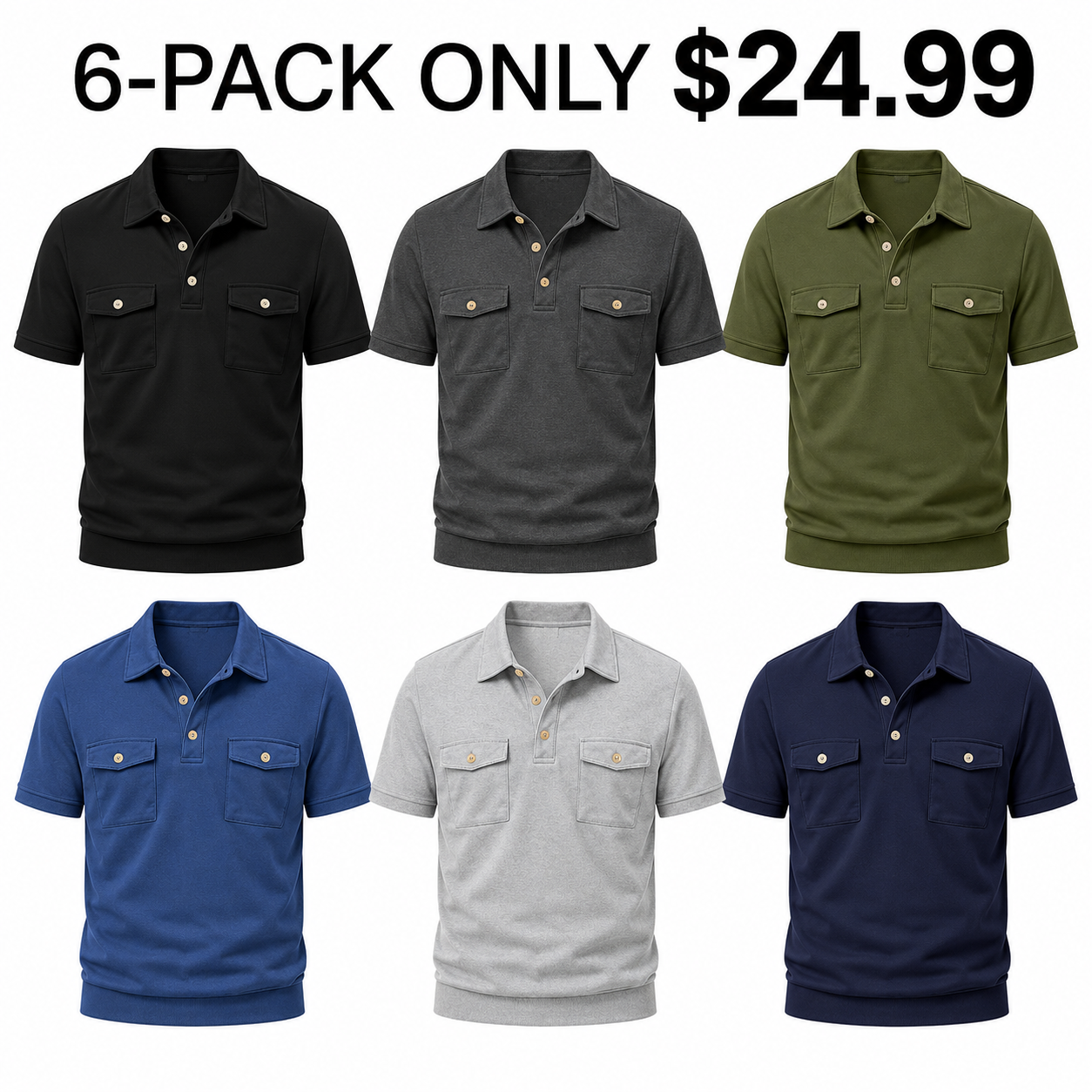 Men's Short Sleeve Utility Polo Shirts 6-Pack Mixed Color Set - Double Pocket Casual Work Polo