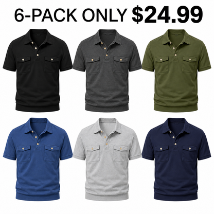 Men's Short Sleeve Utility Polo Shirts 6-Pack Mixed Color Set - Double Pocket Casual Work Polo