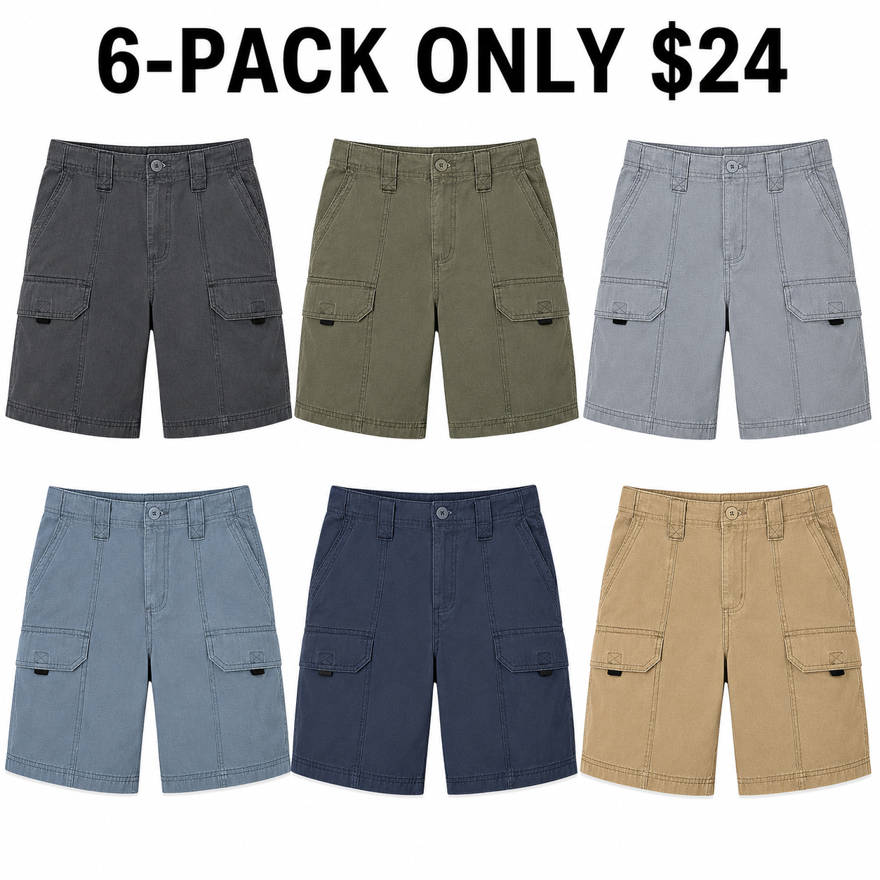 Men's Canvas Utility Hiker Shorts 6-Pack Mixed Color Set - 8-Inch Cotton Cargo Shorts