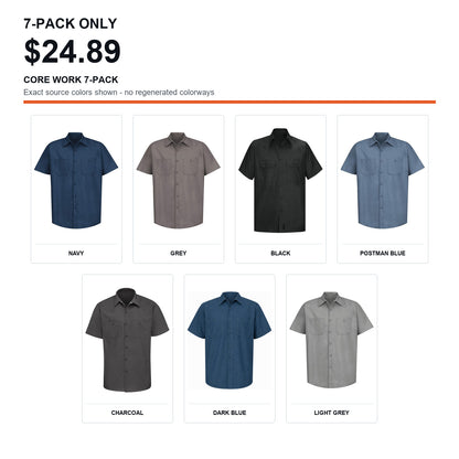 Men's Short Sleeve Industrial Work Shirts 7-Pack & 14-Pack Set - Stain Resistant Button Down Utility Shirts