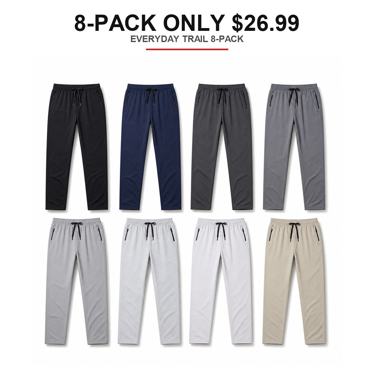 Men's Lightweight Hiking Jogger Pants 8-Pack Mixed Color Set - Quick Dry Elastic Waist Travel Pants