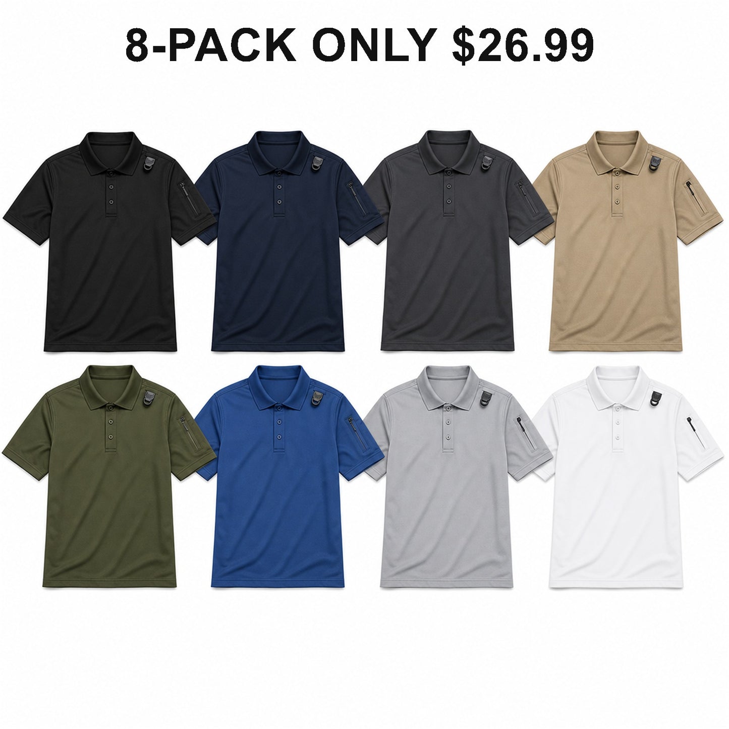 Men's Tactical Performance Polo Shirts 8-Pack Mixed Color Set - Moisture-Wicking Work & Outdoor Shirts