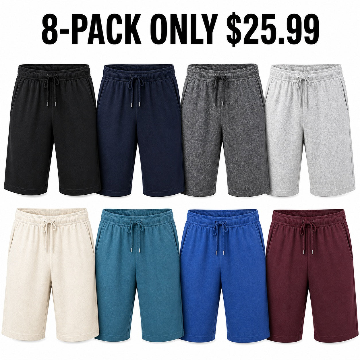 Men's Cotton Jersey Lounge Shorts 8-Pack Mixed Color Set - Lightweight 9 Inch Inseam Casual Active Shorts