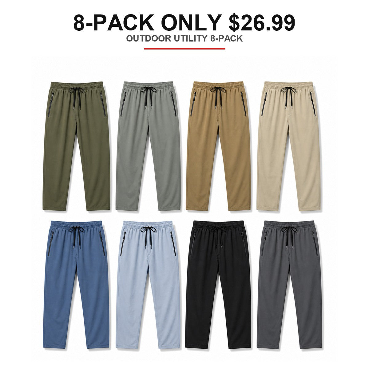 Men's Lightweight Hiking Jogger Pants 8-Pack Mixed Color Set - Quick Dry Elastic Waist Travel Pants