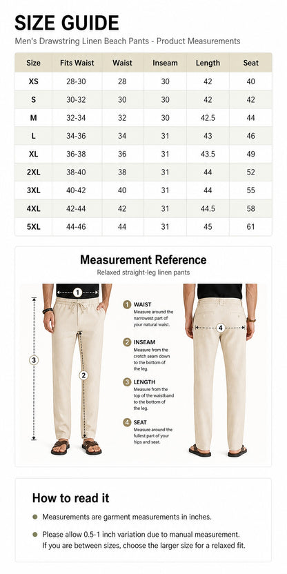 Men's Drawstring Linen Beach Pants 8-Pack All Color Set - Lightweight Summer Casual Trousers