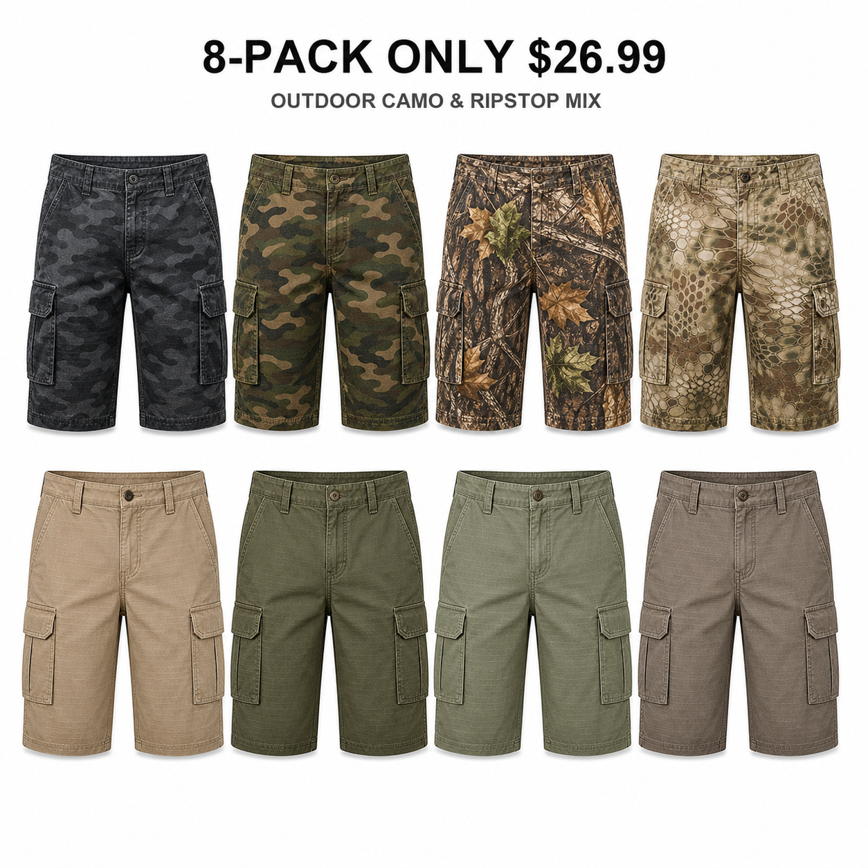Men's Classic Cargo Stretch Shorts 8-Pack Mixed Color Set - 6-Pocket Utility Shorts